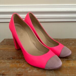 J CREW Size 10.5 Etta Pump Block Heel Leather Cap Toe Colorblock Pink Y2K Club